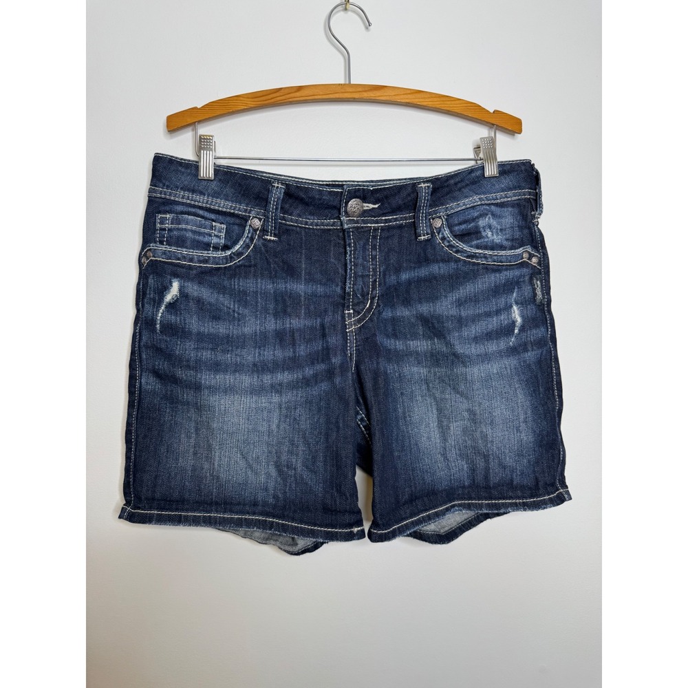 Silver Jeans Co Suki Mid Short Womens 33 Dark Blue Excellent Distressed Curvy